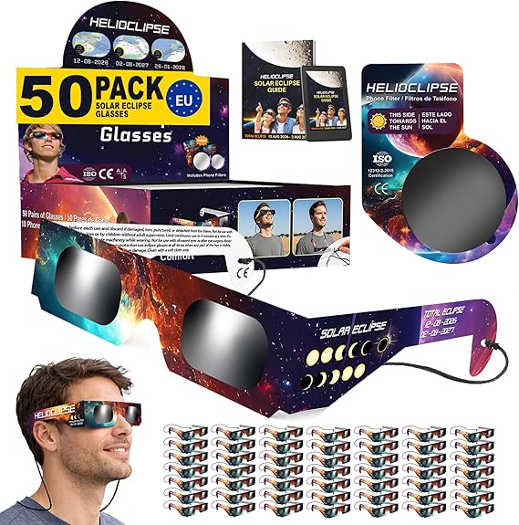Helioclipse 6/12/25/50/100 Pack Solar Eclipse Glasses 2026 ISO 12312-2 Certified - Solar Eclipse Viewing Glasses UK - Approved Solar Glasses
