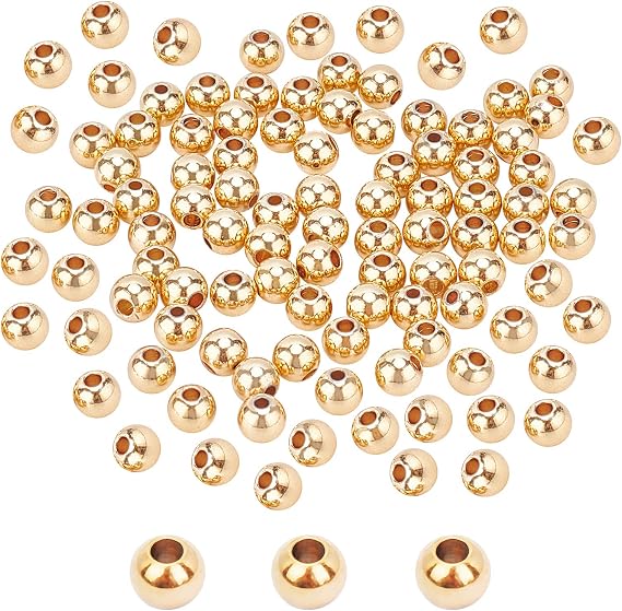 PH PandaHall 6mm 14K Gold Plated Beads 150pcs Gold Spacer Beads Bracelet Bead Long-Lasting Round Ball Brass Seamless Smooth Loose Bead for Summer Stackable Necklace Bracelet Earring Jewelry Making