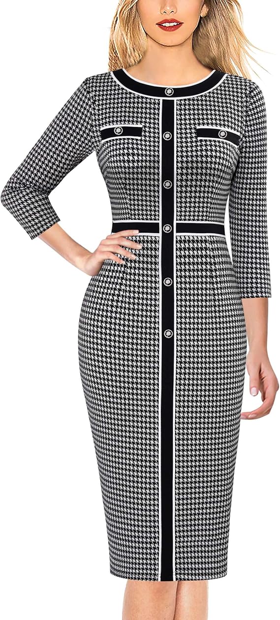 VFSHOW Womens Buttons Patchwork Work Business Office Party Bodycon Pencil Sheath Dress