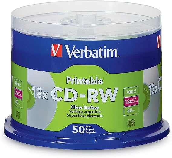 Verbatim CD-RW 700MB 2X-4X DataLifePlus Silver Inkjet Printable with Branded Hub - 50pk Spindle - 95159