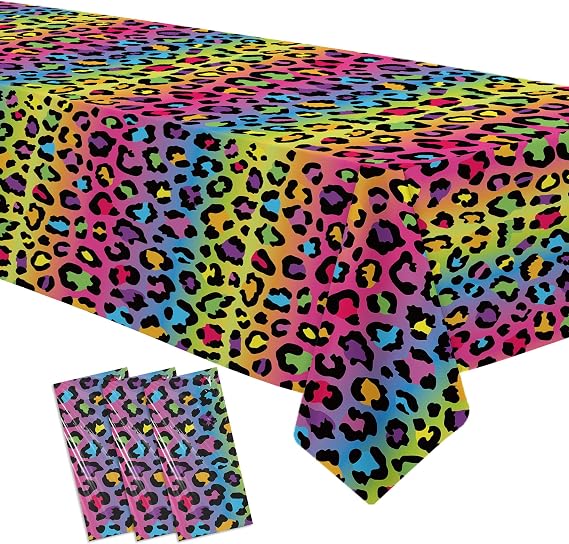 Leopard Party Decorations Tablecloth, 3Pcs Disposable Cheetah Print Birthday Party Tablecover Supplies, Iridescent Rainbow Leopard Birthday Table Decorations, (55in x 86in)