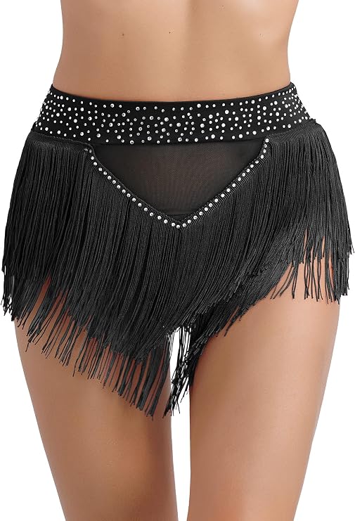 Vxuxlje Women's Shiny Rhinestone Fringe Trim Shorts Ballroom Dance Bottoms Tassel Booty Shorts