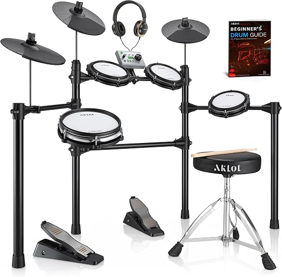 AKLOT Complete Electric Drum Set: 4 Dual-Zone Mesh Pads, Quiet Electronic Drum Set for Beginner with 8'' Snare, 360 Sounds, Choke Cymbals, Throne, Headphone, Stick and Lesson Book, B-CORE530Pro, Black