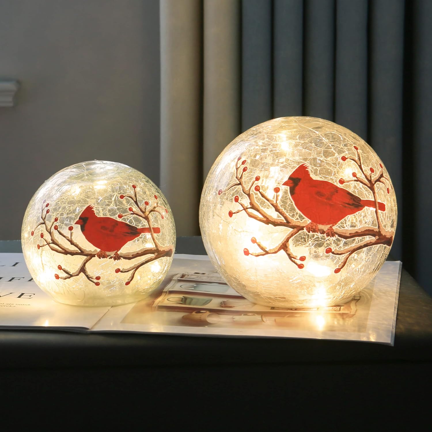 Large Crackle Glass Ball Cardinal Lamp, Light Up Red Cardinal Stained Glass Christmas Decor Accent Lamp, Lighted Red Bird Globe Table Light, Led Sphere Desk Lamp