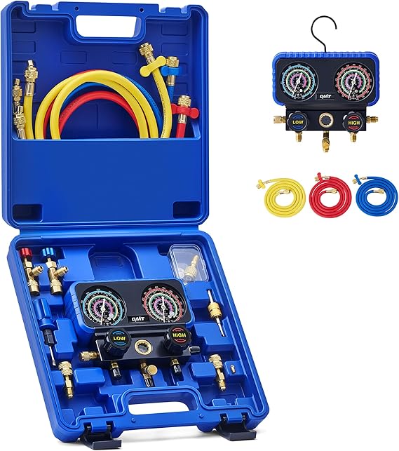 OMT 3-Way AC Manifold Gauge Set for R410A R32 R22 R454B, 5ft Hoses | Includes R410 R12/R22 Safety Valves R410A R32/R454B Adapters Valve Core Wrench; Solid Brass Build; For Auto Freon Recharge