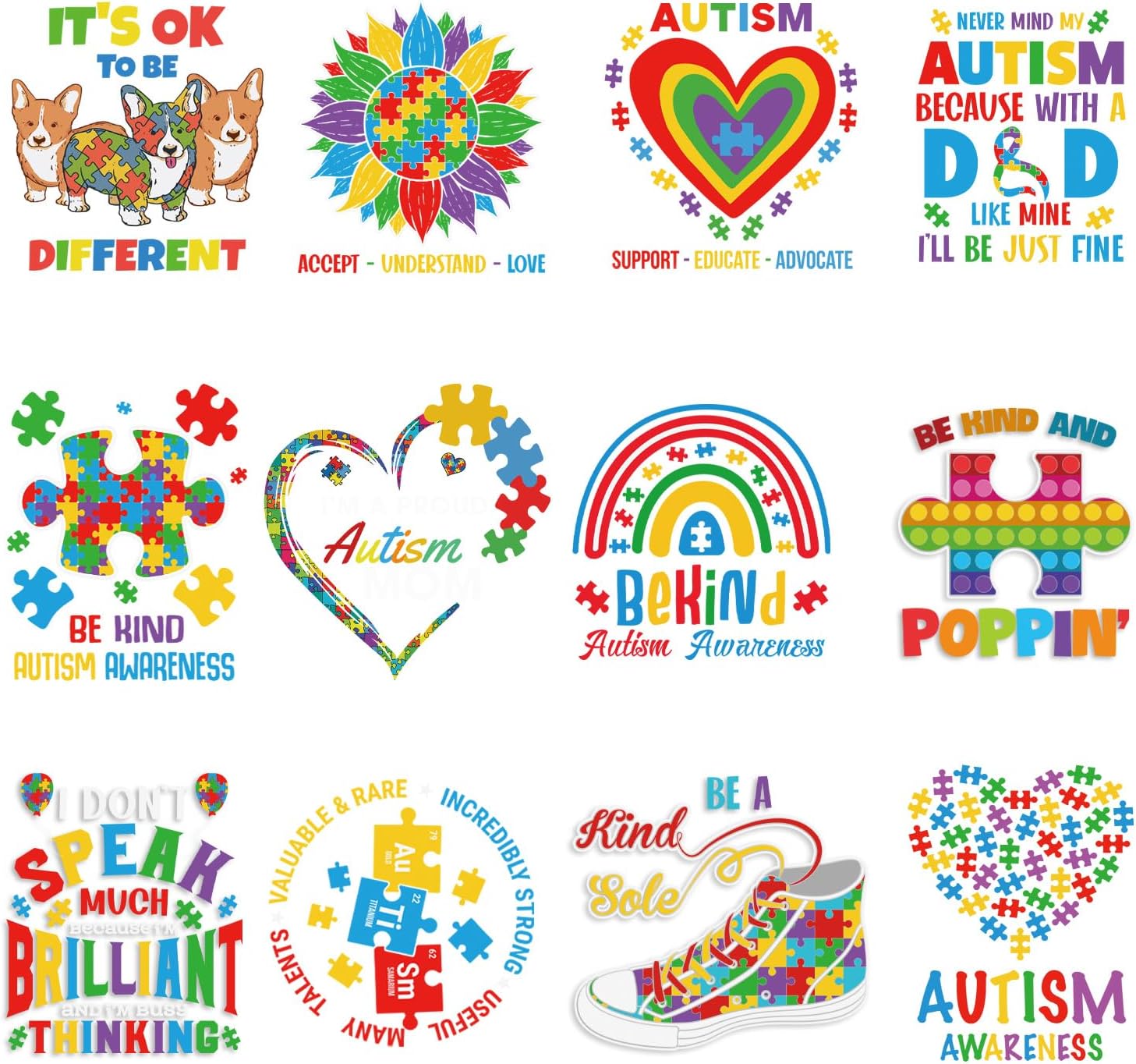 4912PCS Pocket Size,Its Okay to Be Different Iron On Transfer for Clothing, Autism Thermal Heat Transfer Decals, Stripes, T-shirt, Jeans, Backpacks ASM-04