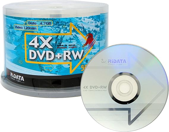 50 Pack Ridata DVD+RW 4X 4.7GB Logo DVD Plus RW Re-writable Blank Disc | Reusable DVD, Rewritten up to 1,000 times, Video Recordable Media Disc, Marker Writable on surface, Cakebox Spindle Packaging