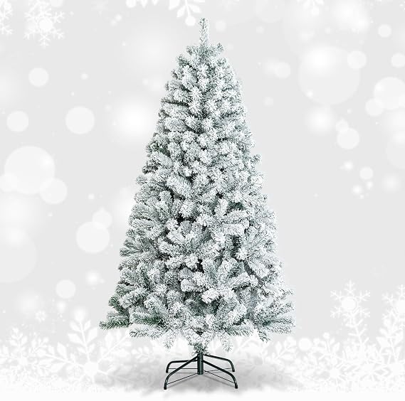 GiantexUK 6FT/7.5FT Snow Flocked Christmas Tree, Artificial Hinged Xmas Tree with Branch Tips, PVC Needles & Foldable Metal Stand, 3-section Festival Party Home Decoration (180 cm)