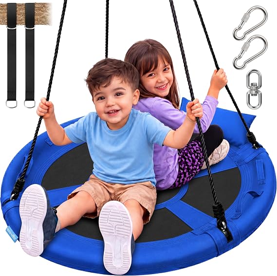 SereneLife 40" Saucer Swing - Outdoor Swing Set with Universal Hanging Kit, Swinging Seat Spinner with Pillow & Carry Bag, Weatherproof, Water-Resistant, Supports Up to 700 lbs, Blue