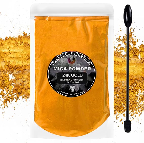 24K Gold Mica Powder Epoxy Resin, 100g/3.5oz Sealed Bag TECHAROOZ Color Pigment for Lip Gloss, Soap Colorant for Soap Making, Gold Powder for Kintsugi Pottery, Metallic Epoxy & Much More