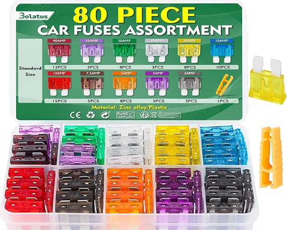 Bolatus 80Pcs Standard Car Fuses - Blade Fuse Set 2A to 40A for Automotive, Caravan, Motorcycle, Truck, RV + Fuse Puller