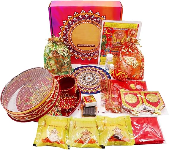 Karwa Chauth Puja Samagri Kit/Chauth MATA Pooja Kit/Karva Chauth Puja Thali/KarwaChuath Pooja Thali with SolahShringaar Saman (40+ Items)