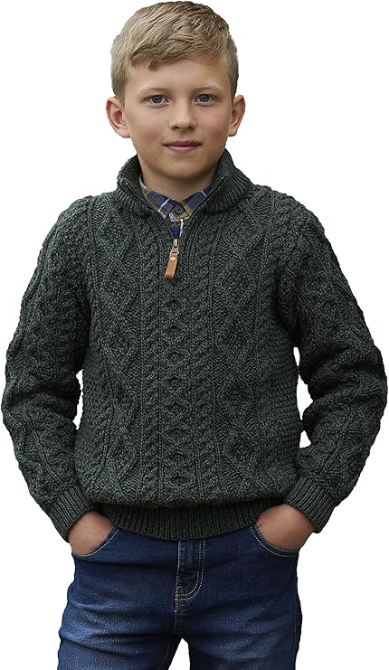 Aran Crafts Boy's Irish Cable Knitted Half Zip Sweater (100% Merino Wool)