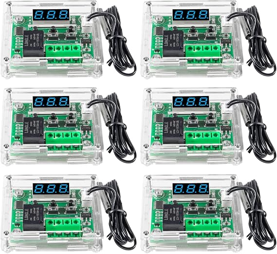 6pcs W1209 12V DC Digital Temperature Controller Board with Case Micro Digital Thermostat -50-110C Electronic Temperature Temp Control Module Switch with 10A One-Channel Relay and Waterproof Blue