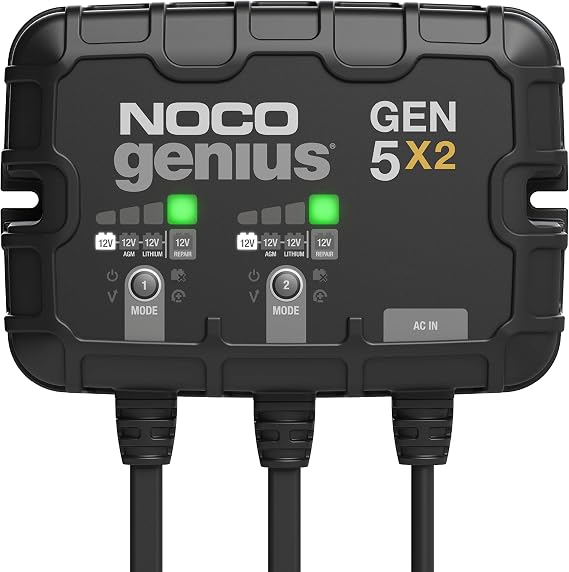 NOCO Genius GEN5X2: 2-Bank, 10A Onboard Battery Charger - 5A Per Bank, 12V Waterproof Marine Charger with Overcharge Protection & Temperature Compensation for Lead-Acid & Lithium Batteries