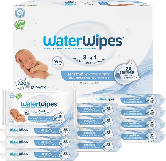 WaterWipes Biodegradable Original Baby Wipes, 99.9% Water Based Wipes, Odorless and Hypoallergenic for Sensitive Skin, 60 Pieces (Package of 12) - Packaging May Change