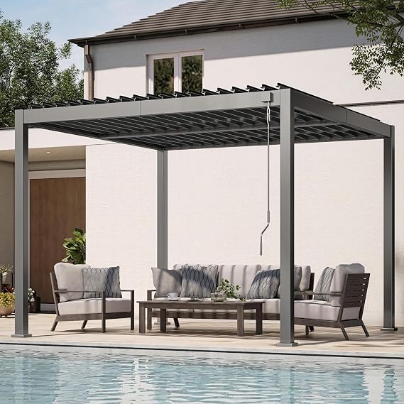 Louvered Pergola, 10 x 10 Aluminum Pergola, Outdoor Modern Design with Adjustable Roof and Hidden Drainage System, Durable for Gardens, Patios, Garden Yard, Deck (Dark Gray, 10x10)