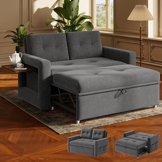 YOUDENOVA Schlafsofa mit 5-stufig Verstellbarer Rückenlehne 2 Sitzer Sofa mit Schlaffunktion Sofa Bed mit Tisch Schlafcouch mit Bettfunktion Couch Ausziehbar 177x135 cm Cord Grau