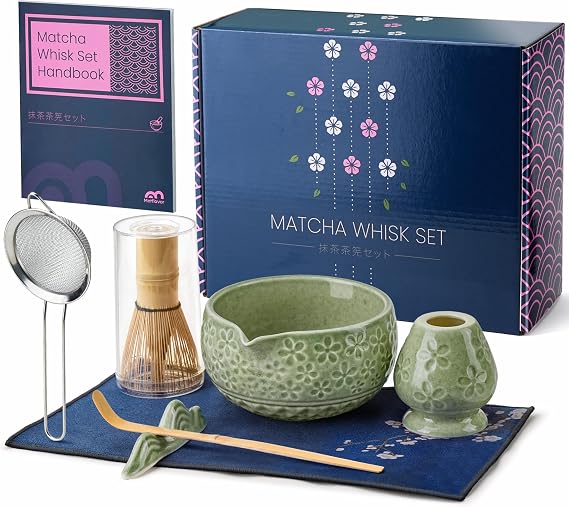 7Pcs Matcha Whisk Set, Ceramic Matcha Bowl with Spout,Bamboo Whisk and Holder, Bamboo Scoop,Scoop Rest,Sifter and Tea Towel,Matcha Kit w/Carved Cherry Blossom Pattern (Mottled Green)