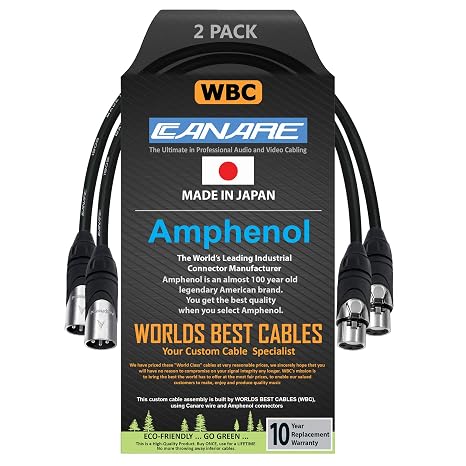 WORLDS BEST CABLES 2 Units - 6 Inch - Canare L-4E6S, Star Quad Balanced Male to Female Microphone Cables with Amphenol AX3M & AX3F Silver XLR Connectors - Custom Made