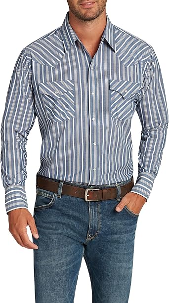 ELY CATTLEMAN Mens Long Sleeve Western Stripe, Blue, 3XLT