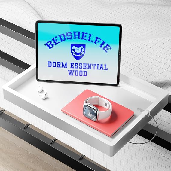 BedShelfie Bedside Shelf for Bunk Bed & Top Bunk, College Dorm Room Essentials, Loft Nightstand, Floating Bed Side Table Tray Storage, Dorm Room Decor By Smallish - (FlexFit Model, White) | Bunk Bed & Top Bunk Bed, College Dorm Room Essentials, Loft Bedside Table, Floating Bed Side Table Tray, By Smallish