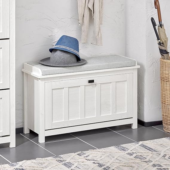 Haotian Shoe Storage Bench Entryway | Shoe Cabinet Bench Hallway, Small Shoe Rack with Flip-Drawer and Seat Cushion, White, FSR161-W