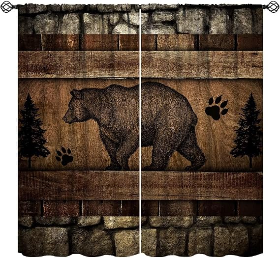 Black Bear Curtains, Rustic Cabin Stone Brick Wall Wooden Board Farmhouse Forest Wild Animal Bear Paw Pine Trees Print Window Drapes for Home Livingroom Bedroom, 42x45in (No Blackout)