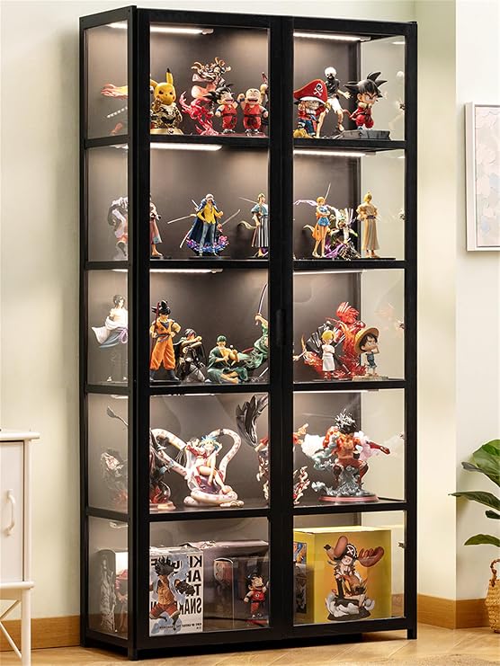 Display Cabinet, Clear Display Case for Figures，Storage Shelves with Acrylic Glass Door, Bamboo Storage Cabinet Floor Standing Transparent Showcase 130 * 62 * 33cm black