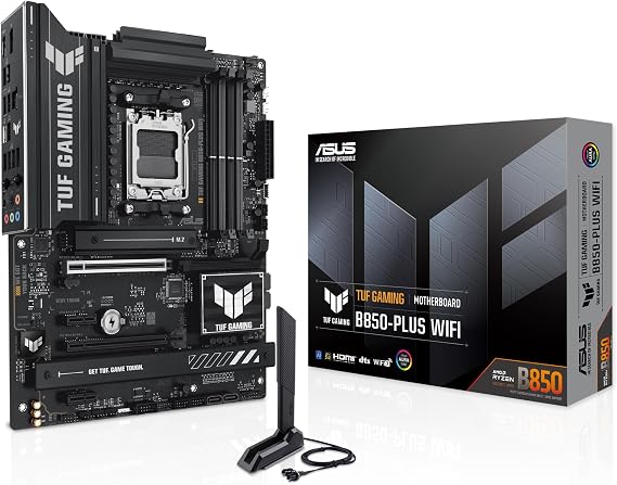 ASUS TUF Gaming B850-PLUS WiFi AMD B850 AM5 DDR5 8000 DP HDMI 3X M2 USB3.2 Gen 2x2 WiFi 7 + BT Aura RGB 2.5Gbit LAN ATX 14+2+1 Power Stages, 1xGen5 M.2, Ready for Advanced AI PC