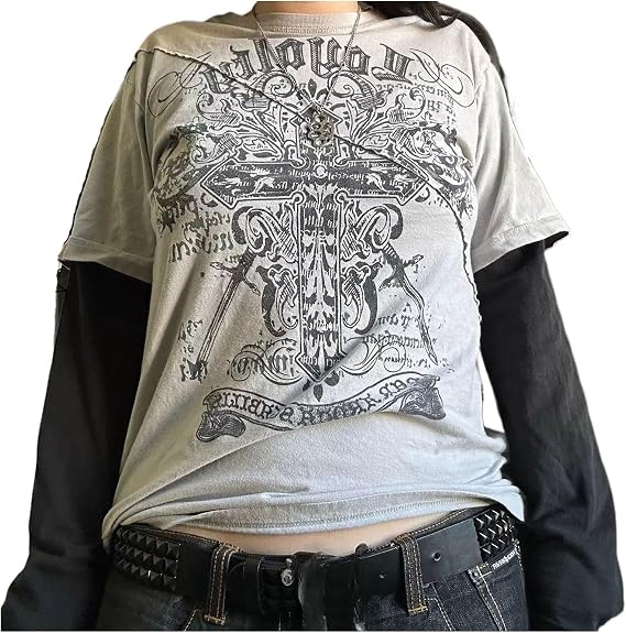 Goth Shirt Gothic Shirt Fake Two-Piece Alternative Clothing Goth Long Sleeve Top Grunge Clothes
