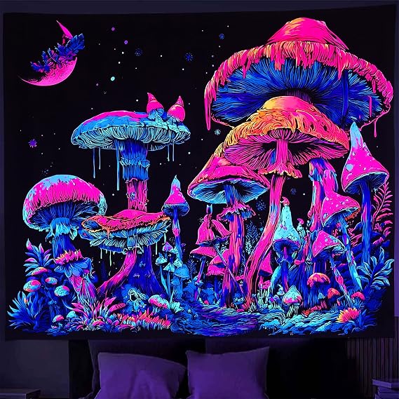 Algasan Blacklight Mushroom Tapestry Glow In The Dark Forest Starry Night Tapestry UV Reactive Magical Fantasy Moon Plant Tapestries Wall Hanging for Bedroom 4735 Inches