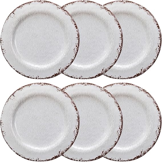 LEHAHA 9 inch White Melamine Salad Plate Set, Vintage Rustic 6 piece Dessert Plates Set, Break-Resistant Dishes Set Great for Dining Party, Ideal for Salad,Dessert,Fruit and Cakes