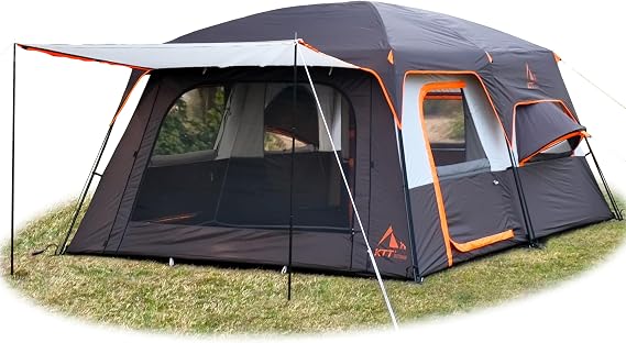 KTT Extra Large Tent 10-12 Person,Family Cabin Tents,2 Rooms,3 Doors and 3 Windows with Mesh,Straight Wall,Waterproof,Double Layer,Big Tent for Outdoor,Picnic,Camping,Family Gathering