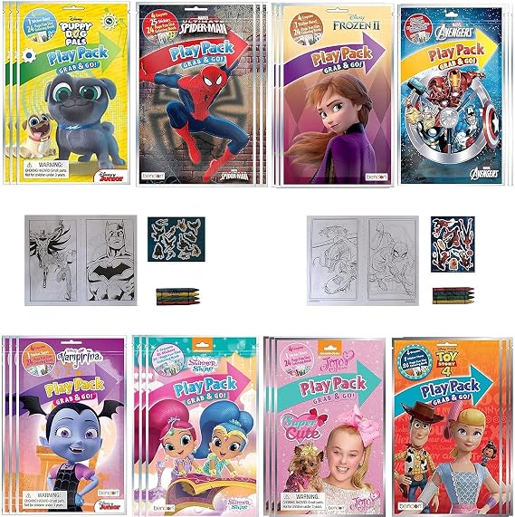 (30 PACK) Grab & Go Play Packs Kids Coloring Books With Crayons Party Favor Bulk for Boys Girls Princess Superhero Cartoon Characters Bulk activity books for kids Coloring Packs Bundle
