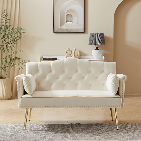 Modern Mini Couch for Bedroom, Velvet Loveseat with Gold Metal Legs, Cream White Love Seat with Side Pockets and Tufted Backrest, Perfect for Living Room, Office, Apartment, Hotel (Cream White)