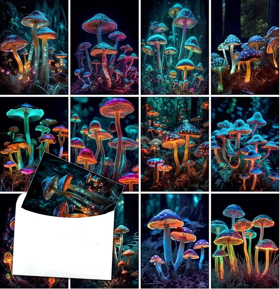 PIXILUV Pack of 12 Notecards ~ Stunning Luminescent Neon Glowing Psychedelic Hippie Mushrooms Cyberpunk ~ Vintage Greeting Card Book Postcards for All Occasions