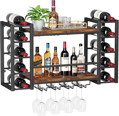 Homeiju Wall Mounted Wine Rack for 10 Bottles, Metal Wine Shelf Storage with Top Enclosure, Heavy Duty Black Bar Decor for Home, Kitchen, Bar 31.7 W x 9.8 D x 19.7 H