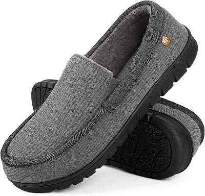 LongBay Mens Memory Foam Loafer Slippers Cozy Waffle Knit Slip on Moc House Shoes for Indoor Outdoor
