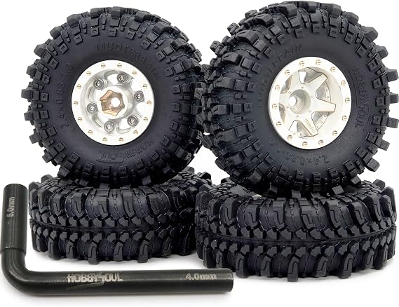HOBBYSOUL 61mm Tall Soft Sticky 1.0'' Mud Terrain Tires Tyre with Brass Adjustable Offset 1.0 Beadlock Wheels Rims for RC Mud Crawler TRX4M SCX24 Upgrades,HS701492