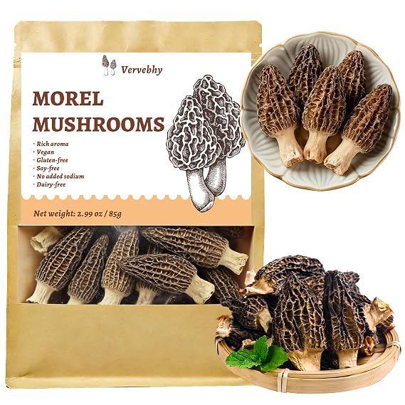 3 oz (85g) Dried Morel Mushrooms, Morchella Conica | Short Stems, Intact Shapes with Rich Aroma for Cooking, Soups, Pasta Dehydrated Mushrooms