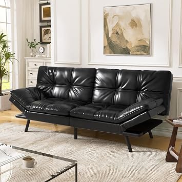 Convertible Faux Leather Futon Sofa Bed,Memory Foam Futon Couch,Small Splitback Modern Folding Loveseat Sleeper Sofa Couches for Living Room,Office,Apartment,Classic Black