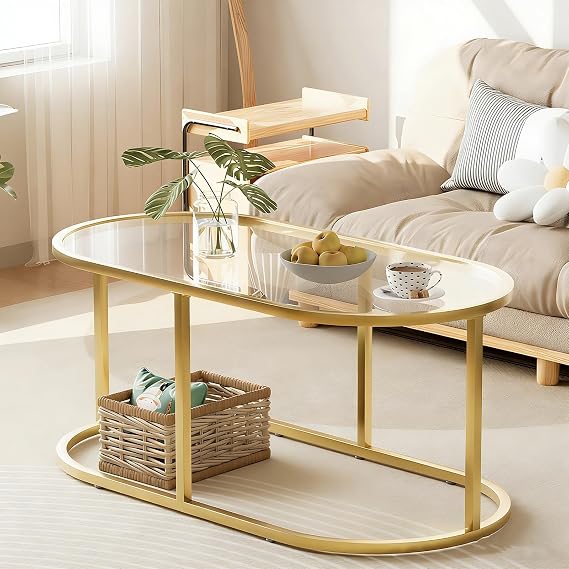 Coffee Table Gold Glass Coffee Tables for Living Room, Oval Table Center Table with Sturdy Metal Frame,Modern Tempered Glass Accent Tables for Bedroom Home Office