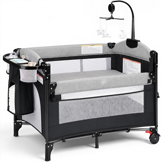 4 in 1 Baby Bassinet Bedside Sleeper, Portable Playard, Light Gray | Changing Table, Storage Basket, Breathable Mesh, Music Box, Rotating Toy Bar, Foldable Pack and Play for Newborns to Toddlers