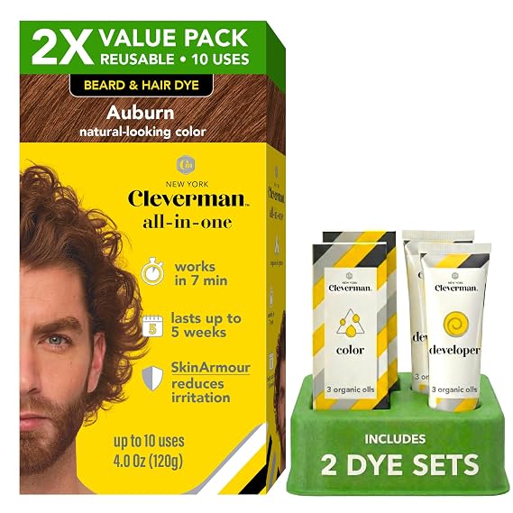 2X Reusable Hair & Beard Dye for Men Auburn 7.04 | Up to 10 Uses, 7 Minutes | Natural Gray Coverage, No-Drip Cream with SkinArmour Cleverman