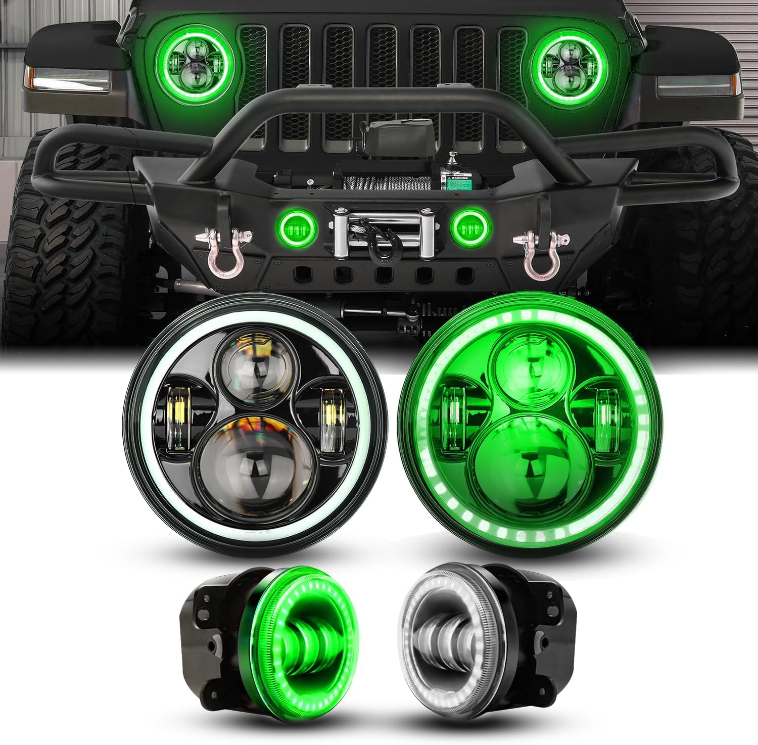 YEEGO DIRECT 7 Inch Halo LED Headlight, 4 Inch Fog Light for Wrangler Headlights,Green DRL Amber Turn Signal Light, led Headlights For 1997-2018 Wrangler JK TJ LJ CJ, DOT Approved Springgreen