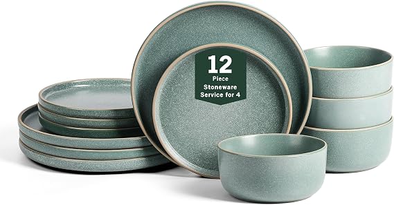 Earth & Clay Amber 12-Piece Dinnerware Set Stoneware, Dishwasher and Microwave Safe Plates and Bowls Set, Dish Set for 4, Green