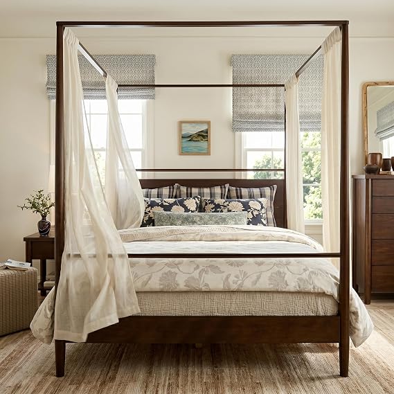 LUMISOL Canopy Bed Frame Queen, Solid Wood Canopy Bed Frame with Four Poster, Headboard and Uner-Bed Storage Space, No Box Spring Required, Easy Assembly, Walnut