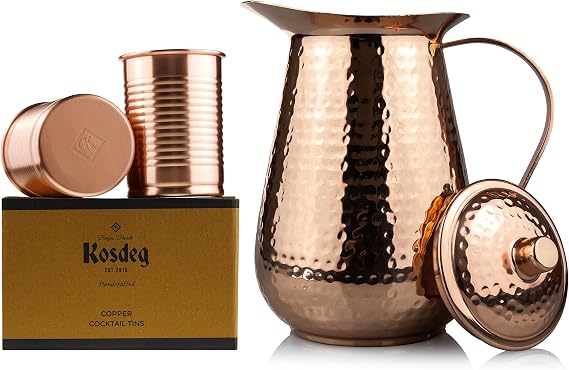 Copper Pitcher With Lid - 68 Oz And Cups 12 Oz - Drink More Water Lower Your Sugar Intake And Enjoy The Health Benefits Immediately - Pure Copper Handmade Hammered Jug - The Best Bedside Carafe
