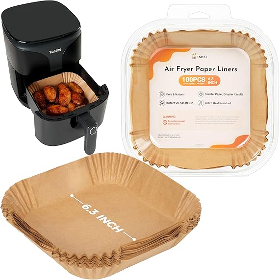 Tastee Air Fryer Liners for 3-6QT Air Fryer Baskets, 100Pcs | 450F Heat Resistant, Oil-Absorbent Disposable Paper Liners, Custom Fit